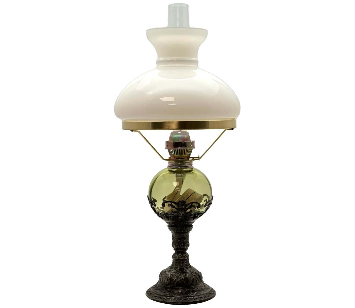 Floriánova huť Petrolejová lampa DRAHOMÍRA 50 cm lesní zelená zdobená cínem FL0057