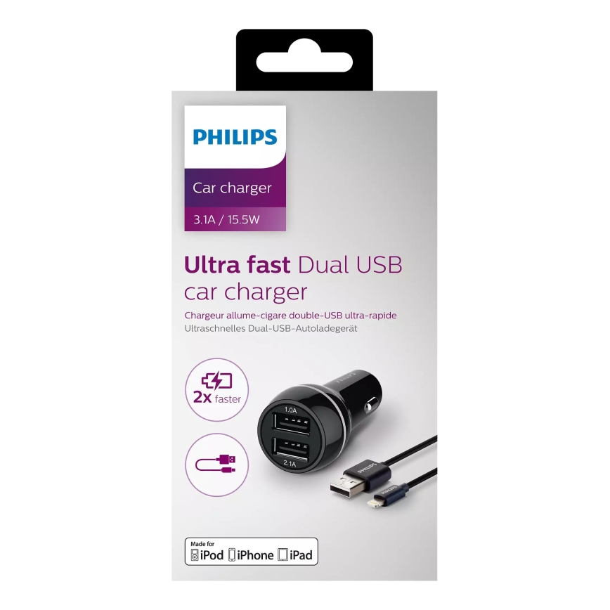 Philips DLP2357V/10 - Nabíječka do auta 2xUSB/12V + kabel USB/lightning konektor