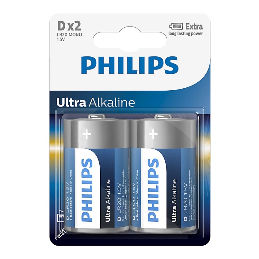 Philips LR20E2B/10 - 2 ks Alkalická baterie D ULTRA ALKALINE 1,5V