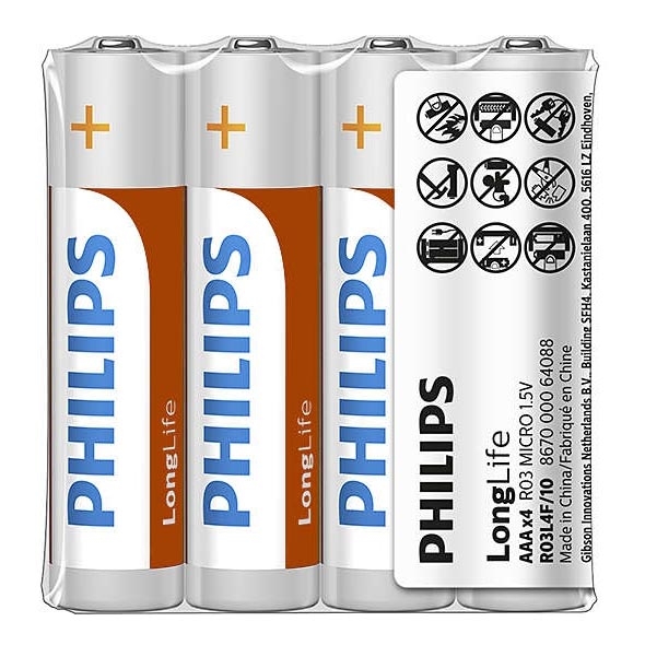 Philips R03L4F/10 - 4 ks Zinkochloridová baterie AAA LONGLIFE 1,5V 450mAh