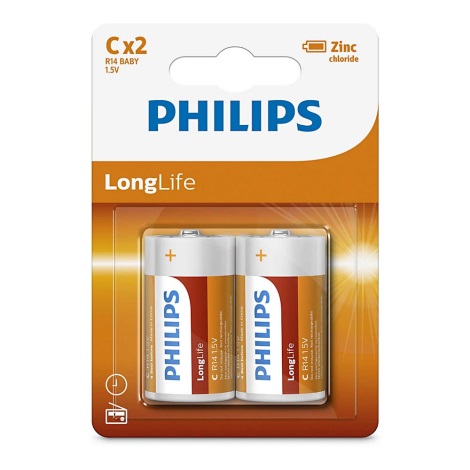 Philips R14L2B/10 - 2 ks Zinkochloridová baterie C LONGLIFE 1,5V