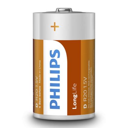 Philips R20L2B/10 - 2 ks Zinkochloridová baterie D LONGLIFE 1,5V 5000mAh