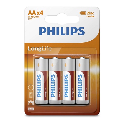 Philips R6L4B/10 - 4 ks Zinkochloridová baterie AA LONGLIFE 1,5V