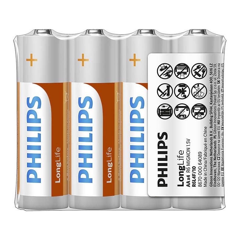 Philips R6L4F/10 - 4 ks Zinkochloridová baterie AA LONGLIFE 1,5V 900mAh