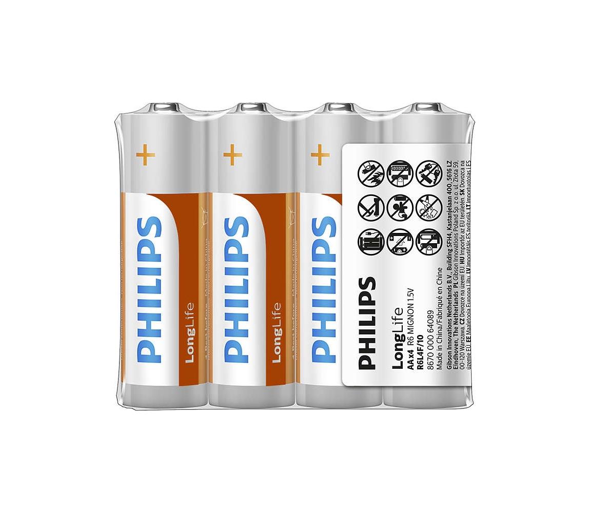 Philips Philips R6L4F/10 - 4 ks Zinkochloridová baterie AA LONGLIFE 1,5V 900mAh P2213