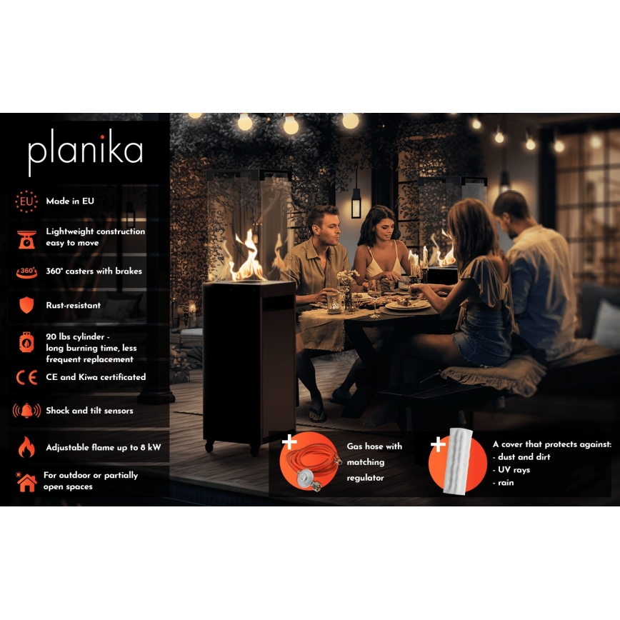 Planika - Venkovní plynový krb 142x36 cm 8kW 1xAAA černá + ochranný kryt