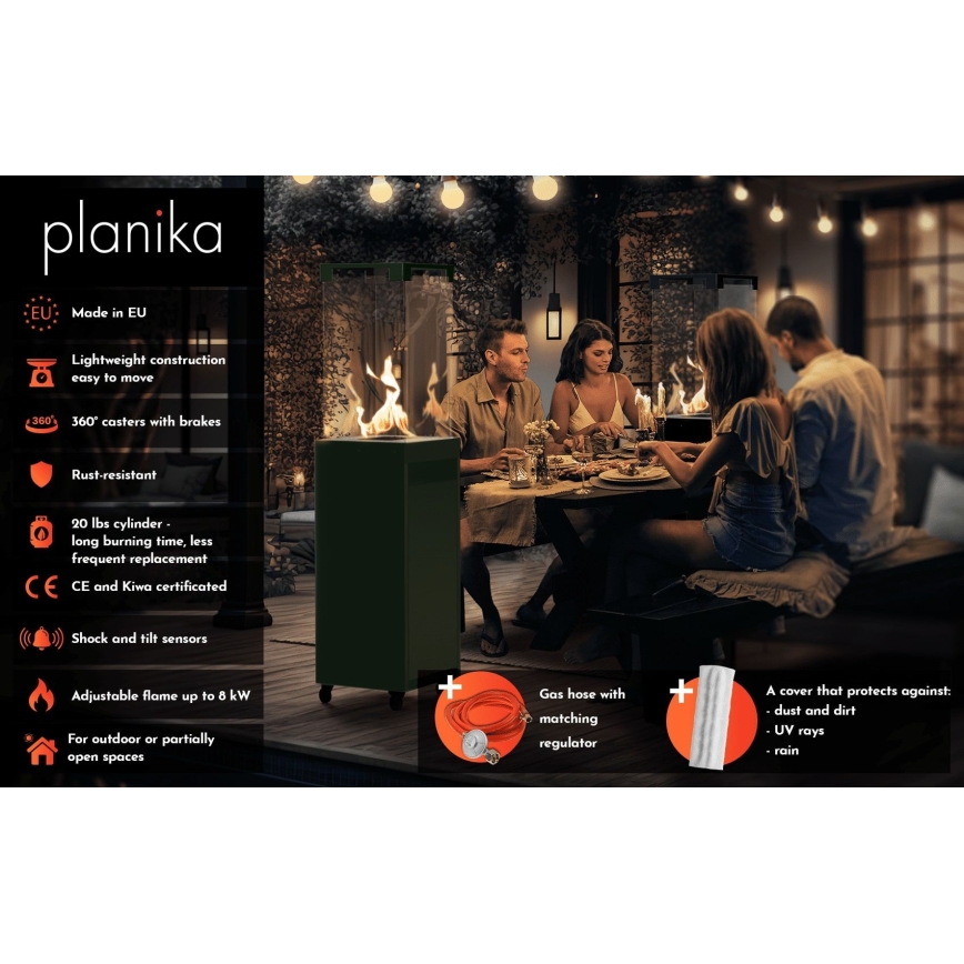 Planika - Venkovní plynový krb 142x36 cm 8kW 1xAAA zelená + ochranný kryt