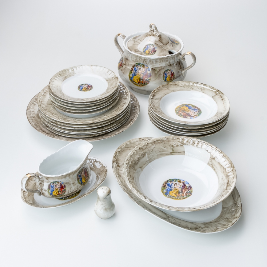 Porcelánová jídelní sada 26 kusů béžová/bílá s mramorovou úpravou