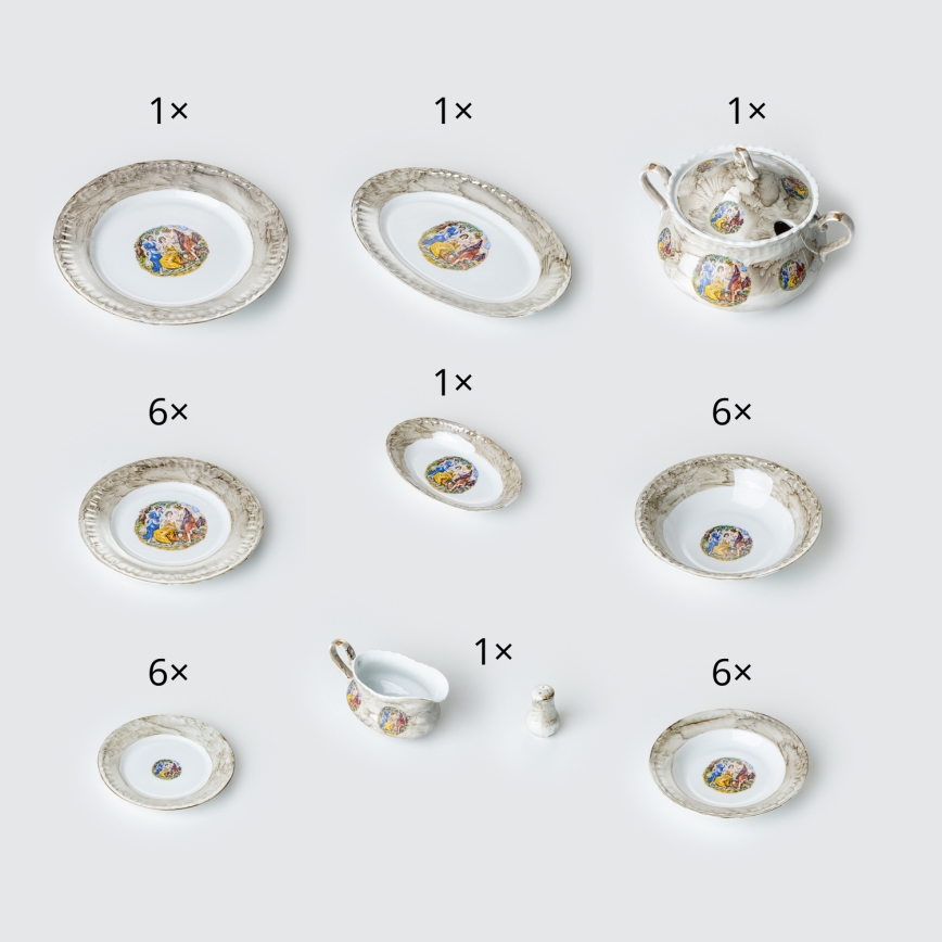 Porcelánová jídelní sada 26 kusů béžová/bílá s mramorovou úpravou