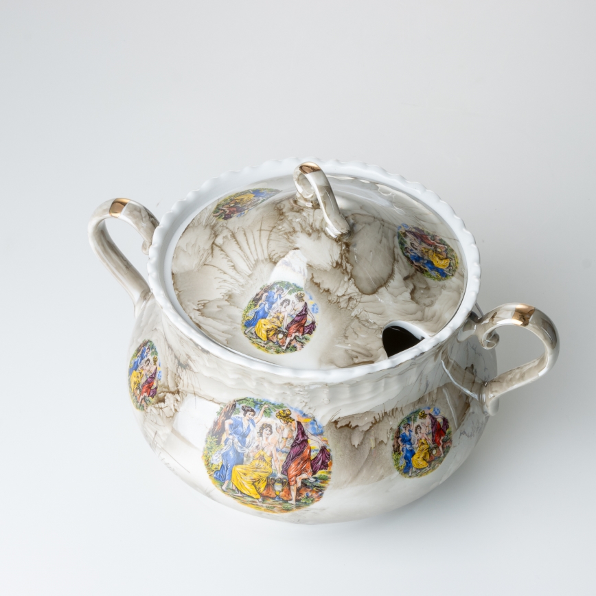 Porcelánová jídelní sada 26 kusů béžová/bílá s mramorovou úpravou