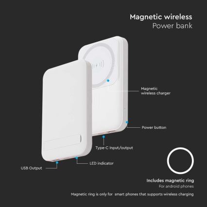 Power Bank magnetická s bezdrátovým nabíjením Power Delivery 10 000mAh/20W/3,7V bílá