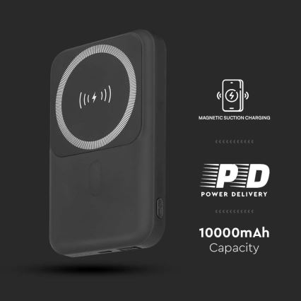 Power Bank magnetická s bezdrátovým nabíjením Power Delivery 10 000mAh/20W/3,7V černá