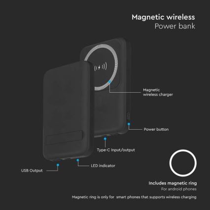 Power Bank magnetická s bezdrátovým nabíjením Power Delivery 10 000mAh/20W/3,7V černá