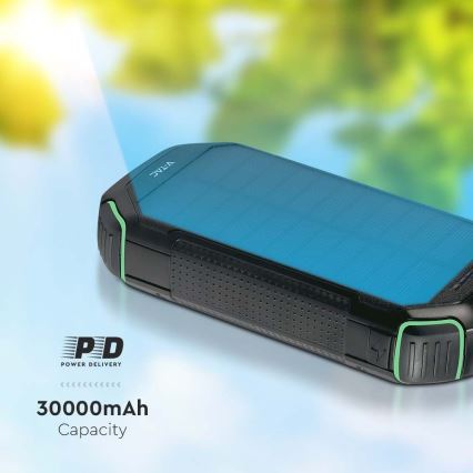 Power Bank solární se svítilnou Power Delivery 30000mAh/20W/5V černá