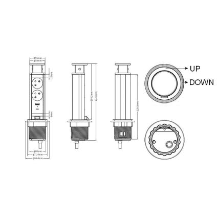 Přípojný zásuvkový sloupek pro desku stolu 2x230V + USB-A + USB-C