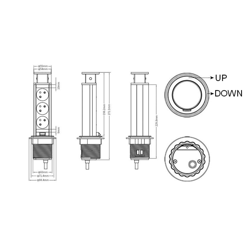Přípojný zásuvkový sloupek pro desku stolu 3x230V
