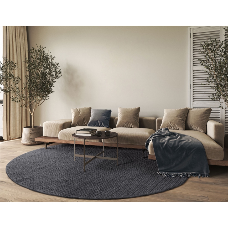 Přírodní kulatý koberec FIR WOOL 160 cm 2600 g/m2 antracit