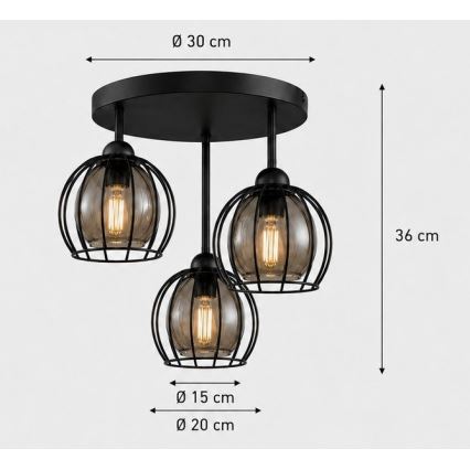 Přisazený lustr SOLO BLACK 3xE27/60W/230V černá/kouřová pr. 30 cm