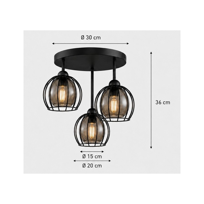 Přisazený lustr SOLO BLACK 3xE27/60W/230V černá/kouřová pr. 30 cm
