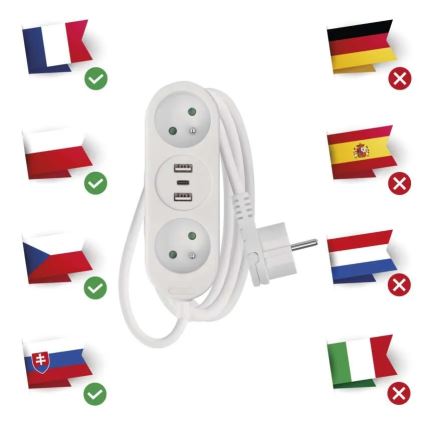 Prodlužovací kabel 2Z + 2x USB-A + USB-C 1,4 m