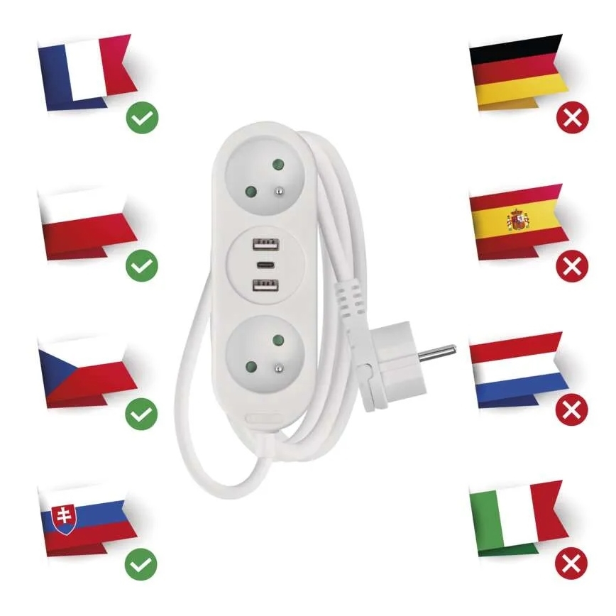 Prodlužovací kabel 2Z + 2x USB-A + USB-C 1,4 m