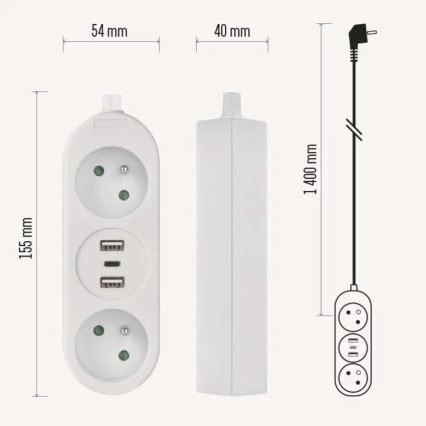 Prodlužovací kabel 2Z + 2x USB-A + USB-C 1,4 m