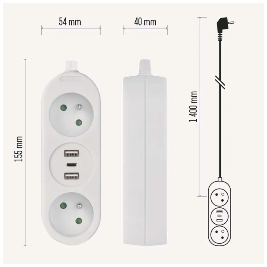Prodlužovací kabel 2Z + 2x USB-A + USB-C 1,4 m