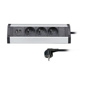 Prodlužovací kabel 3Z + 2xUSB 1,5 m hliník/černá