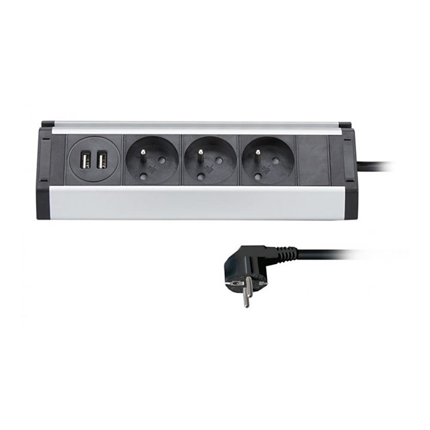Prodlužovací kabel 3Z + 2xUSB 1,5 m hliník/černá
