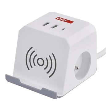 Prodlužovací kabel kostka s bezdrátovým nabíjením QI 2Z +2xUSB-A+1xUSB-C 2m bílá