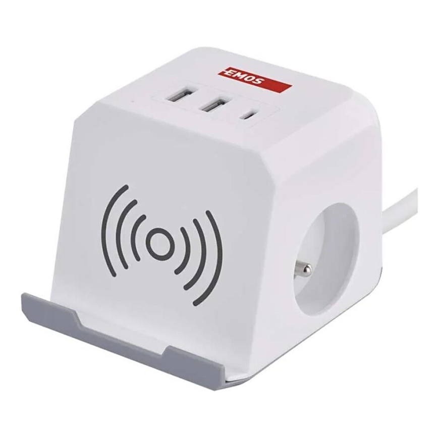 Prodlužovací kabel kostka s bezdrátovým nabíjením QI 2Z +2xUSB-A+1xUSB-C 2m bílá