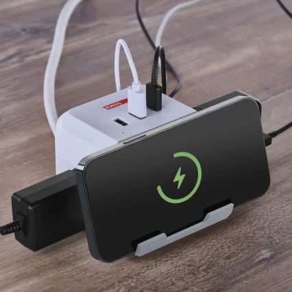 Prodlužovací kabel kostka s bezdrátovým nabíjením QI 2Z +2xUSB-A+1xUSB-C 2m bílá
