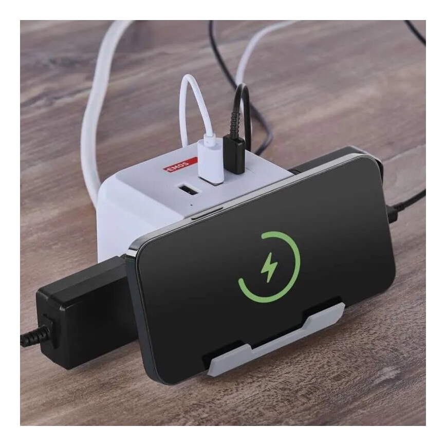 Prodlužovací kabel kostka s bezdrátovým nabíjením QI 2Z +2xUSB-A+1xUSB-C 2m bílá
