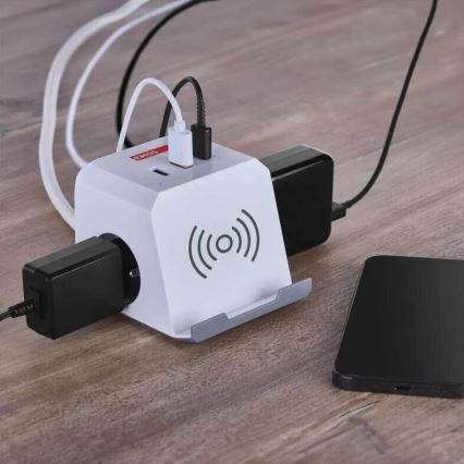 Prodlužovací kabel kostka s bezdrátovým nabíjením QI 2Z +2xUSB-A+1xUSB-C 2m bílá