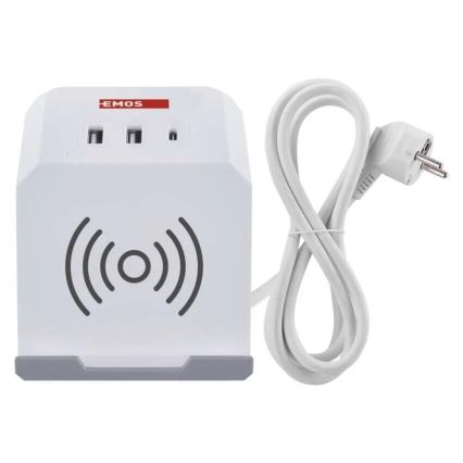Prodlužovací kabel kostka s bezdrátovým nabíjením QI 2Z +2xUSB-A+1xUSB-C 2m bílá