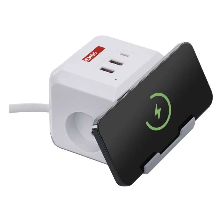 Prodlužovací kabel kostka s bezdrátovým nabíjením QI 2Z +2xUSB-A+1xUSB-C 2m bílá