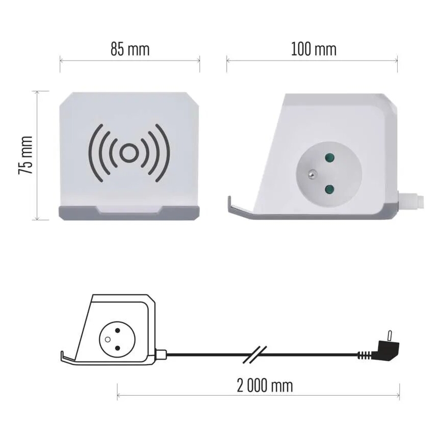 Prodlužovací kabel kostka s bezdrátovým nabíjením QI 2Z +2xUSB-A+1xUSB-C 2m bílá