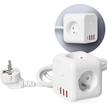 Prodlužovací kabel kostka s vypínačem LINEA 3x230V + 4xUSB A/C bílá