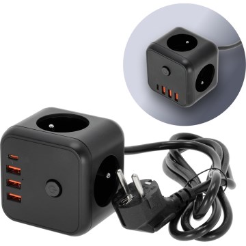 Prodlužovací kabel kostka s vypínačem LINEA 3x230V + 4xUSB A/C černá