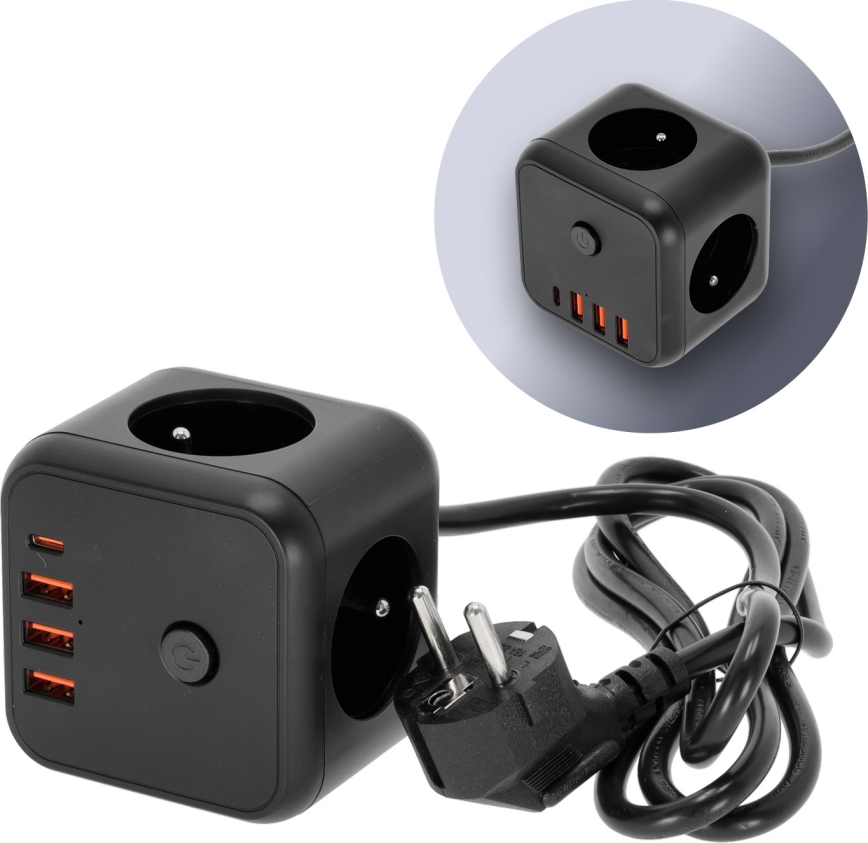 Prodlužovací kabel kostka s vypínačem LINEA 3x230V + 4xUSB A/C černá
