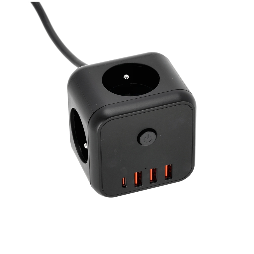 Prodlužovací kabel kostka s vypínačem LINEA 3x230V + 4xUSB A/C černá
