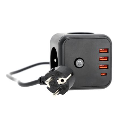 Prodlužovací kabel kostka s vypínačem LINEA 3x230V + 4xUSB A/C černá