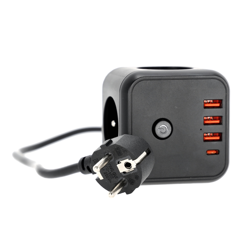 Prodlužovací kabel kostka s vypínačem LINEA 3x230V + 4xUSB A/C černá