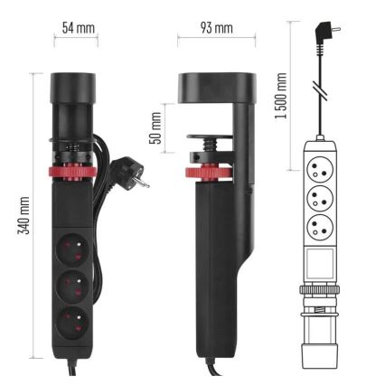 Prodlužovací kabel s uchycením na stůl 3Z + 3xUSB 1,5m černá