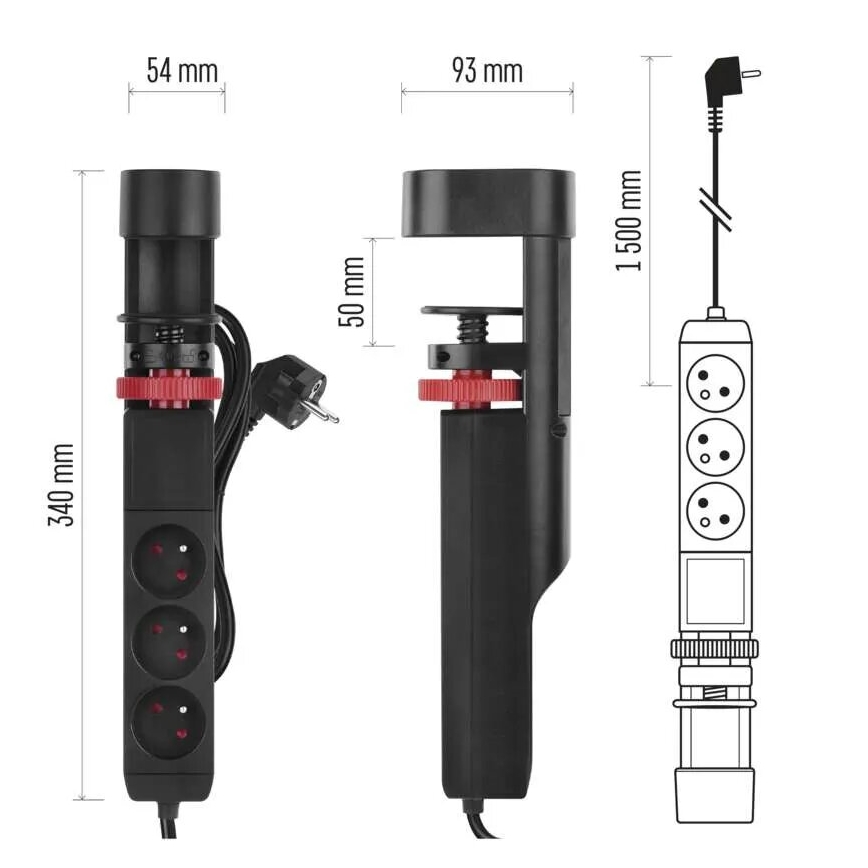 Prodlužovací kabel s uchycením na stůl 3Z + 3xUSB 1,5m černá
