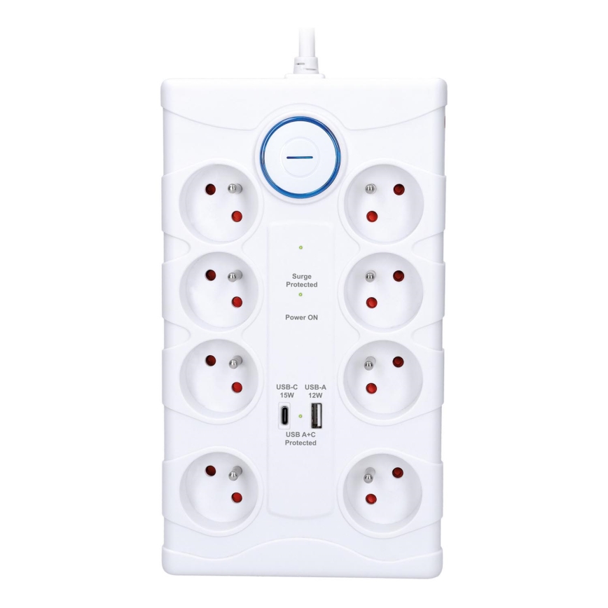 Prodlužovací kabel s vypínačem a přepěťovou ochranou 8Z Typ E + 1xUSB-A + 1xUSB-C 2m bílá