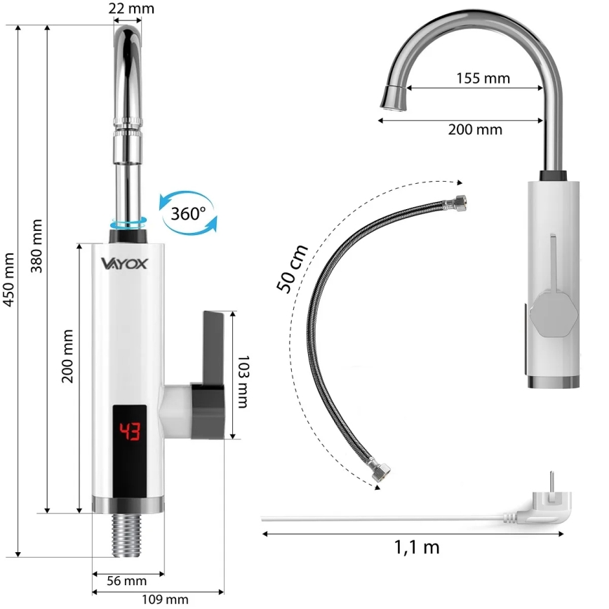 Průtokový ohřívač vody s LED displejem 3000W/230V IPX4 bílá