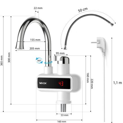 Průtokový ohřívač vody s LED displejem 3000W/230V IPX4 bílá