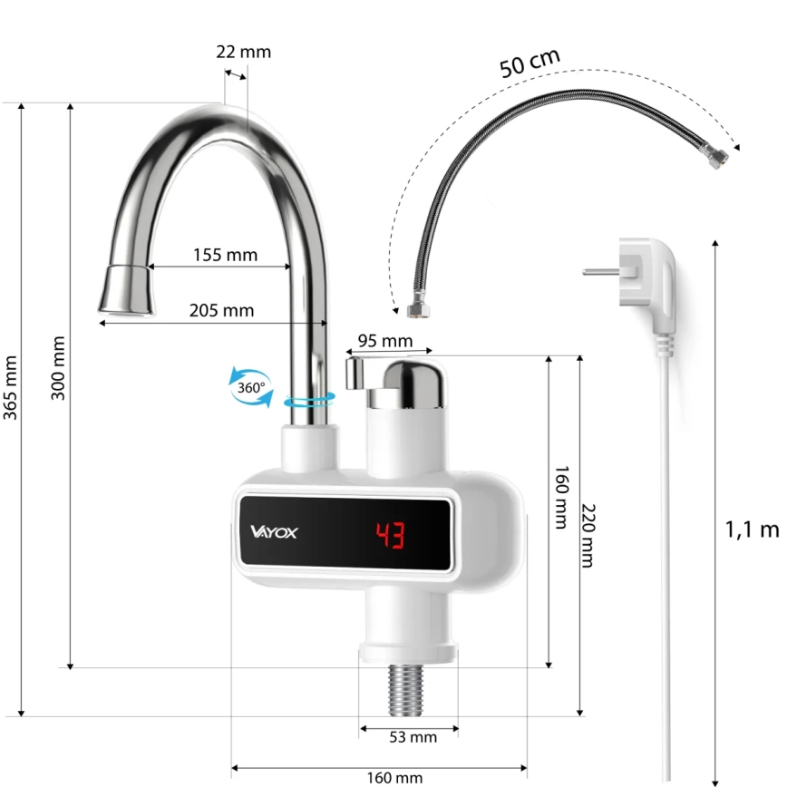 Průtokový ohřívač vody s LED displejem 3000W/230V IPX4 bílá