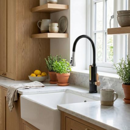 Průtokový ohřívač vody s LED displejem 3000W/230V IPX4 černá/zlatá